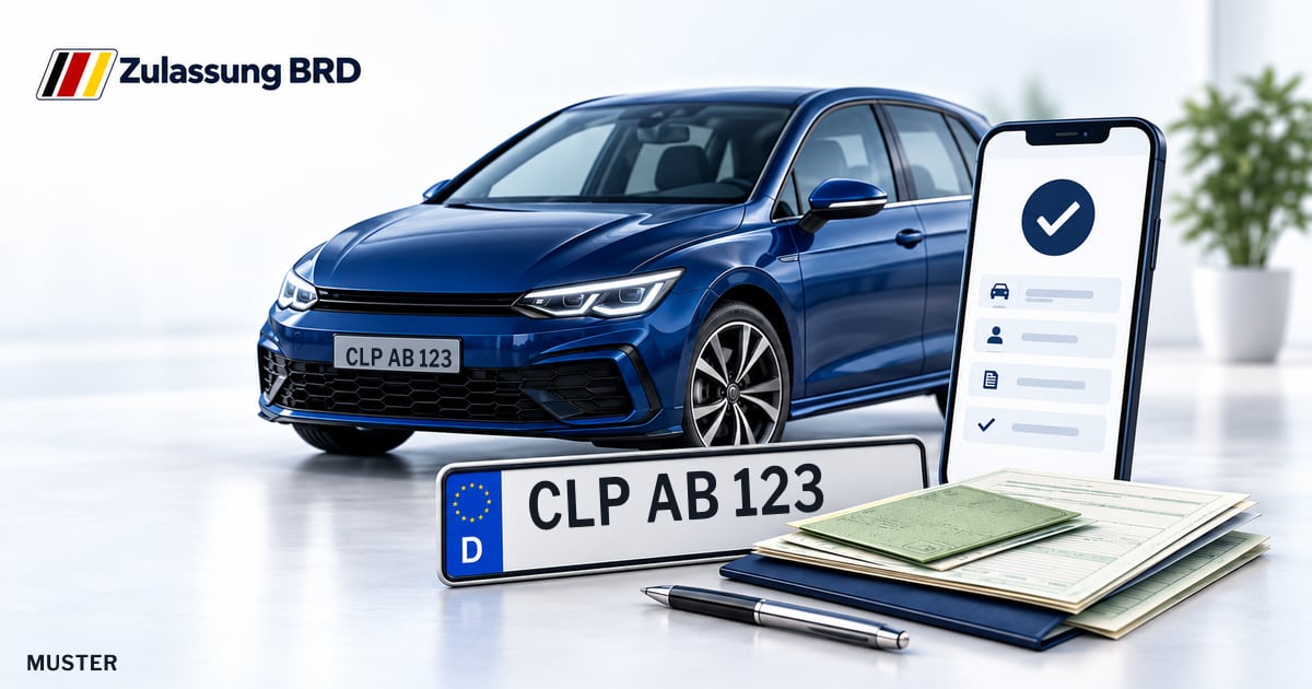 Online Fahrzeugzulassung in Emstek: Musterkennzeichen CLP AB 123, Auto und Fahrzeugpapiere und Smartphone. Illustration mit Logo von Zulassung BRD.